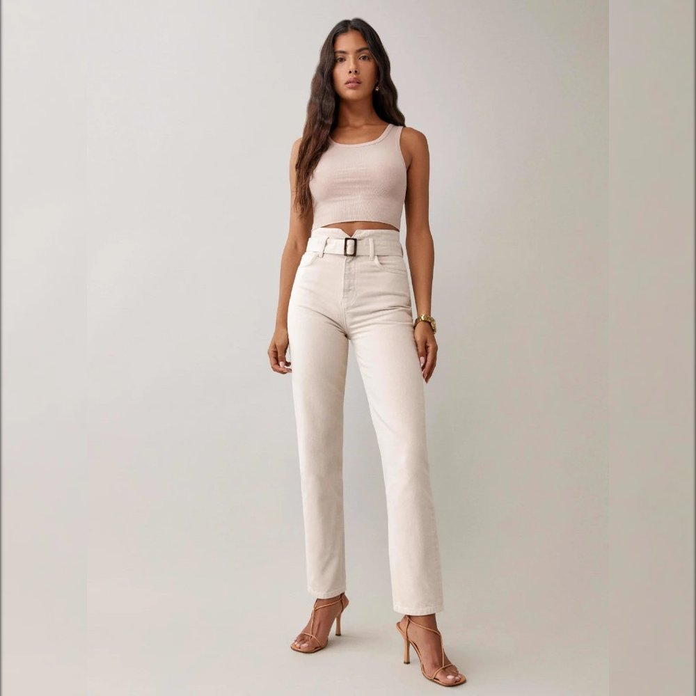 Reformation Cynthia Belted High Rise Straight Jeans in Bone Size 28
